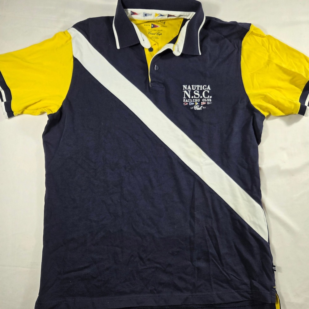 VTG Nautica NSC Sailing Club Polo Shirt Mens Large Navy Blue Yellow Colorblock